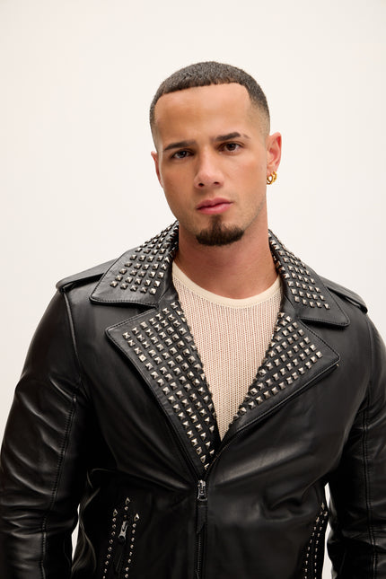Men's Studded Lambskin Leather Jacket - Black Falcon - Ron Tomson Leather