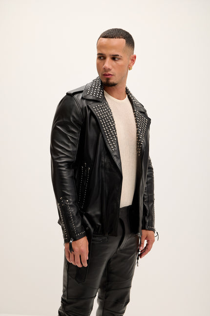 Men's Studded Lambskin Leather Jacket - Black Falcon - Ron Tomson Leather