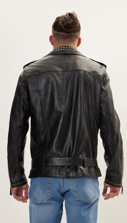 Studded Lambskin Leather Jacket - Black Falcon - Ron Tomson