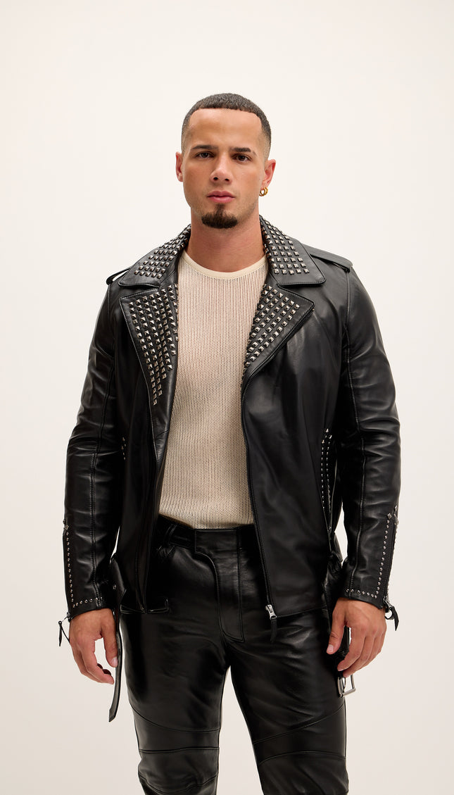 Studded Lambskin Leather Jacket - Black Falcon - Ron Tomson