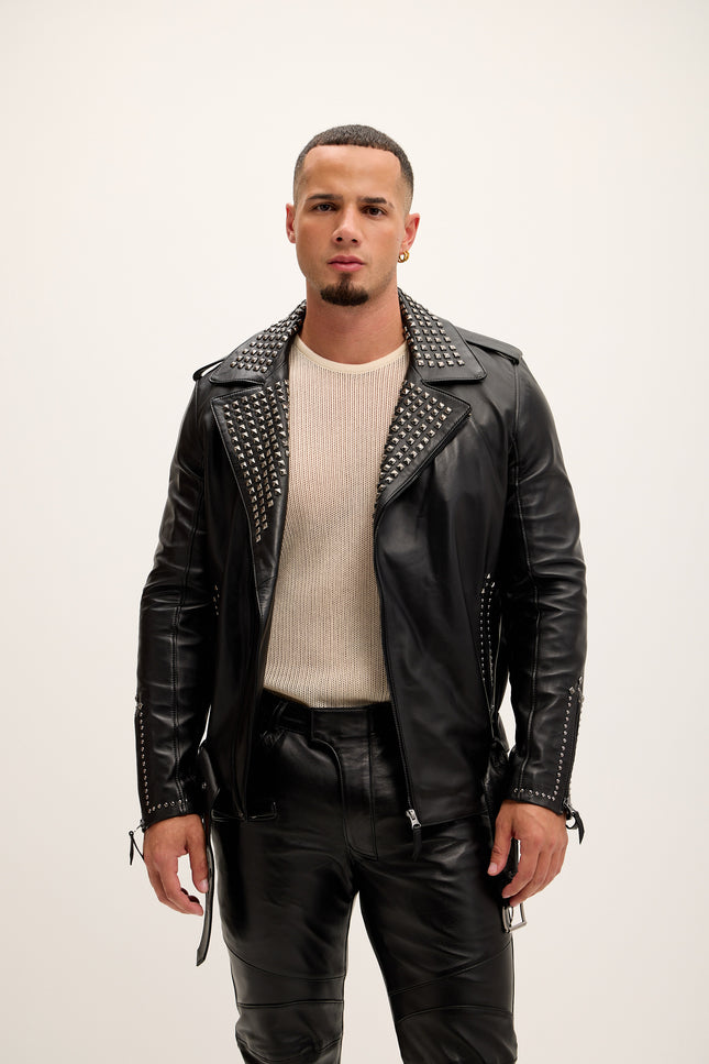 Men's Studded Lambskin Leather Jacket - Black Falcon - Ron Tomson Leather
