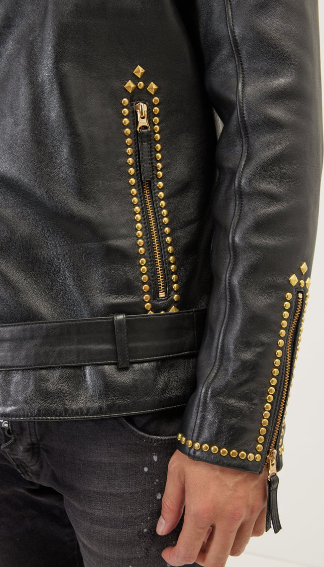Studded Lambskin Leather Jacket - Black Gold - Ron Tomson