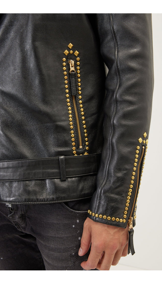 Studded Lambskin Leather Jacket - Black Gold - Ron Tomson