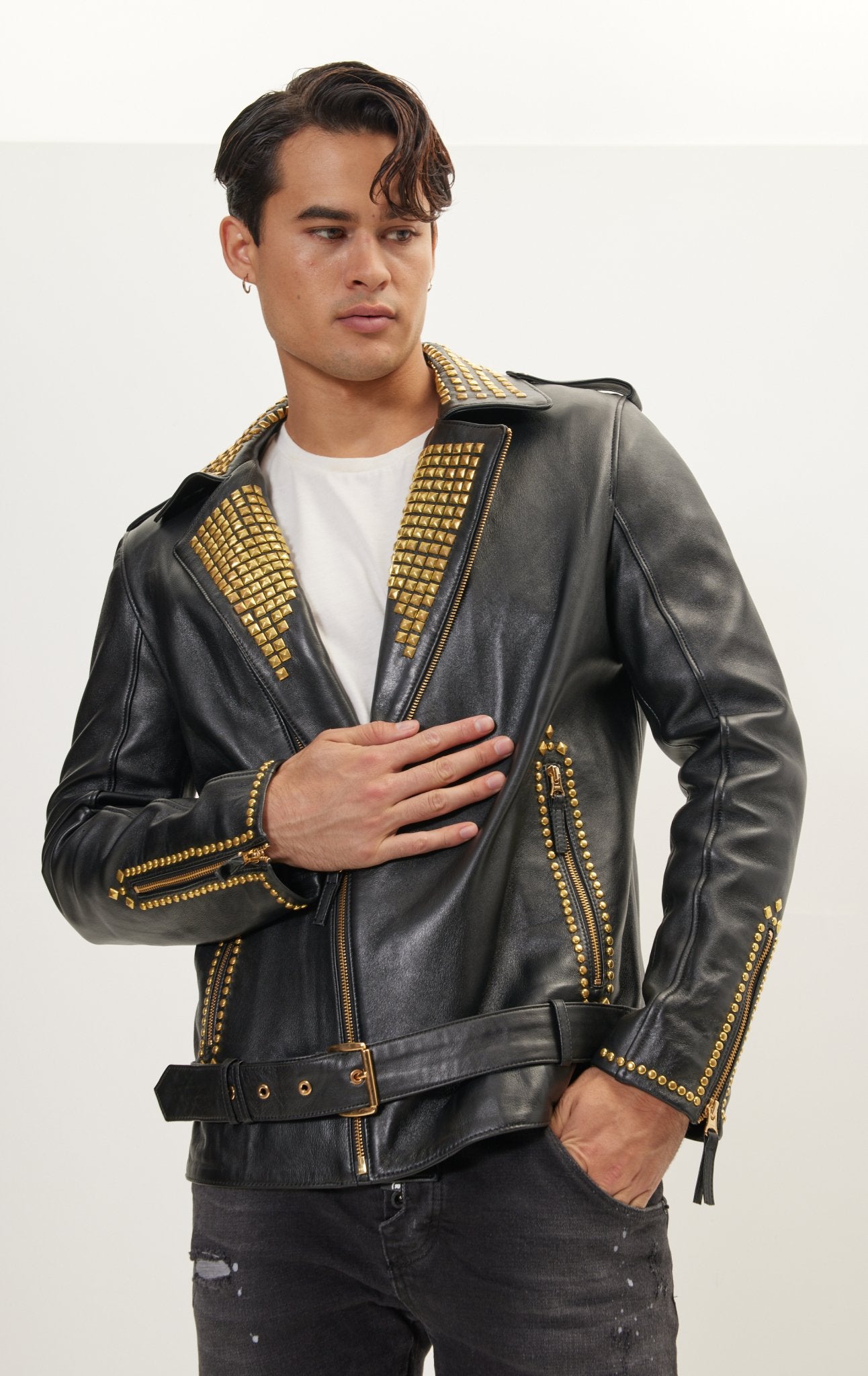Studded Lambskin Leather Jacket Black Gold