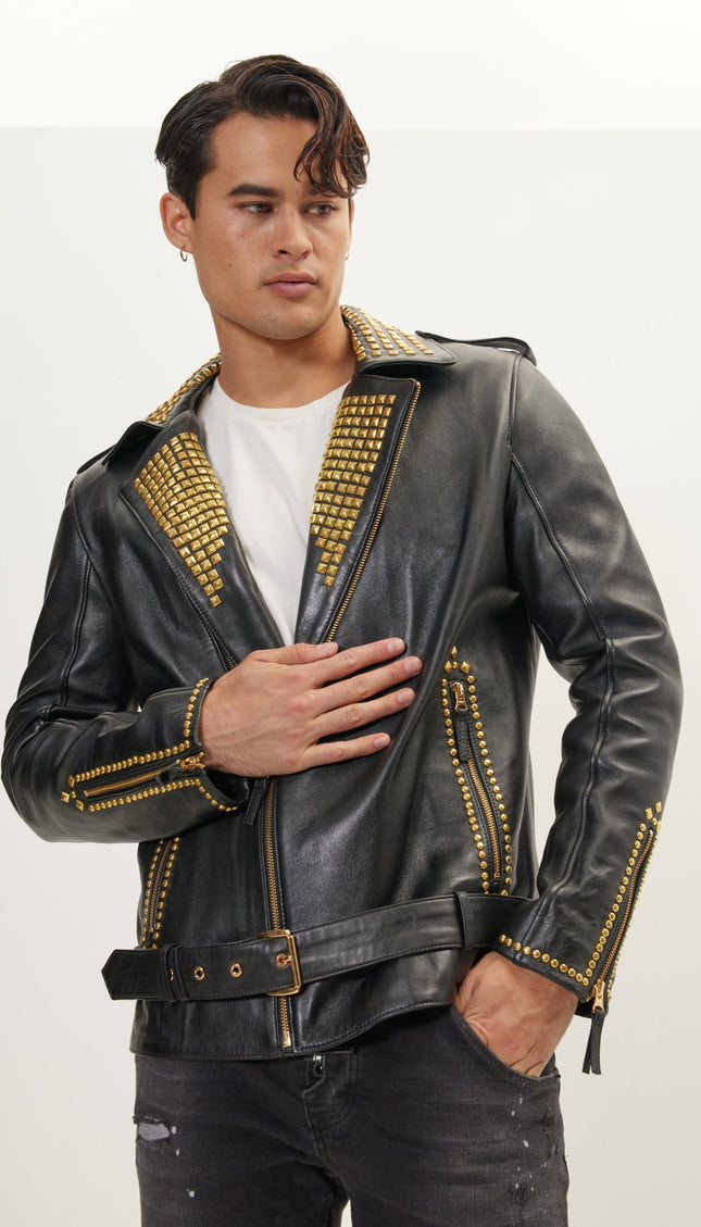 Studded Lambskin Leather Jacket - Black Gold - Ron Tomson