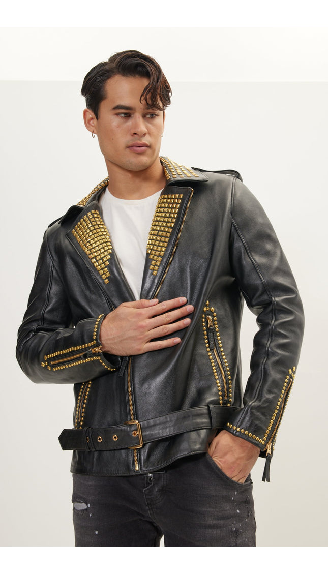 Studded Lambskin Leather Jacket - Black Gold - Ron Tomson