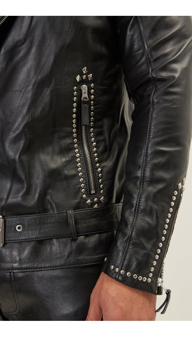 Studded Lambskin Leather Jacket - Black Silver - Ron Tomson