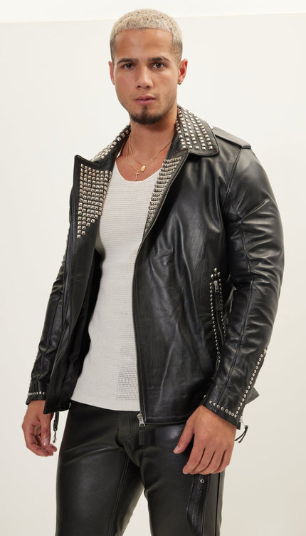 Studded Lambskin Leather Jacket - Black Silver - Ron Tomson