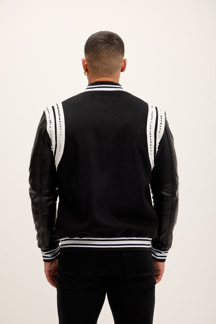 Men's Studded Mixed-Media Leather Varsity Jacket - Black - Ron Tomson Leather