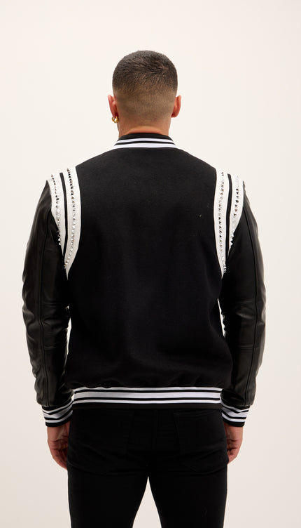 Studded Mixed - Media Leather Varsity Jacket - Black - Ron Tomson
