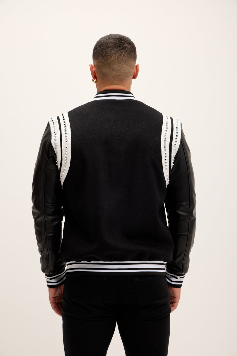 Men's Studded Mixed-Media Leather Varsity Jacket - Black - Ron Tomson Leather