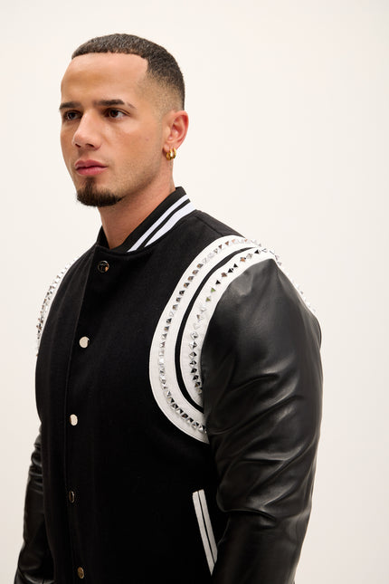 Men's Studded Mixed-Media Leather Varsity Jacket - Black - Ron Tomson Leather