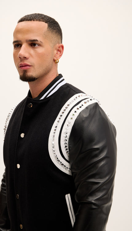 Studded Mixed - Media Leather Varsity Jacket - Black - Ron Tomson