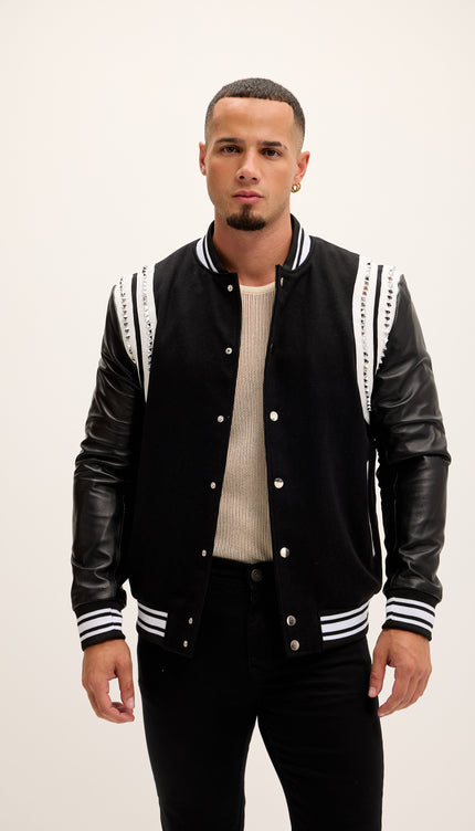 Studded Mixed - Media Leather Varsity Jacket - Black - Ron Tomson
