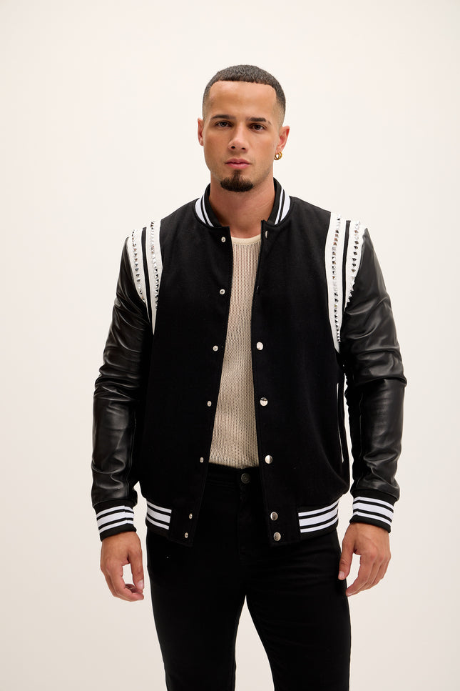 Men's Studded Mixed-Media Leather Varsity Jacket - Black - Ron Tomson