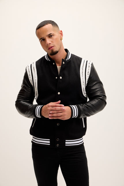 Men's Studded Mixed-Media Leather Varsity Jacket - Black - Ron Tomson Leather