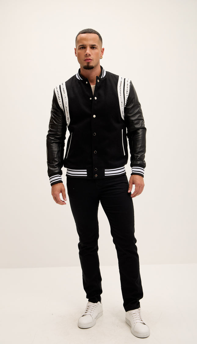 Studded Mixed - Media Leather Varsity Jacket - Black - Ron Tomson