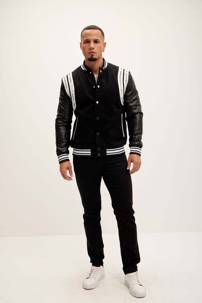 Men's Studded Mixed-Media Leather Varsity Jacket - Black - Ron Tomson Leather