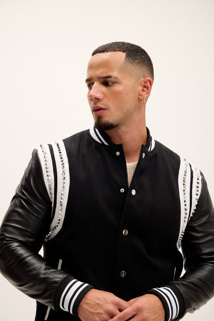 Men's Studded Mixed-Media Leather Varsity Jacket - Black - Ron Tomson Leather