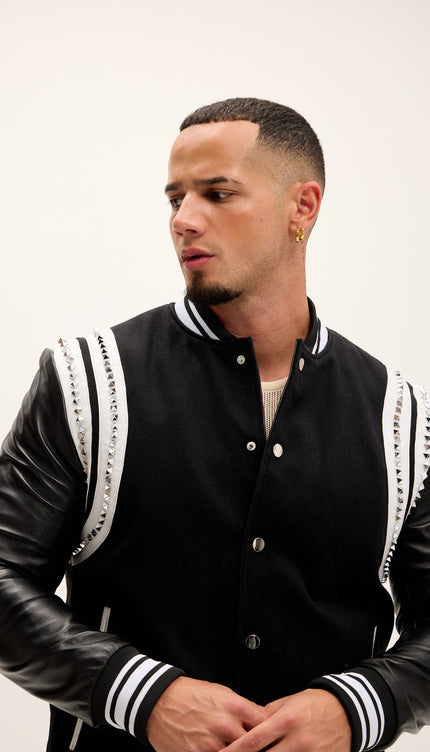 Studded Mixed - Media Leather Varsity Jacket - Black - Ron Tomson