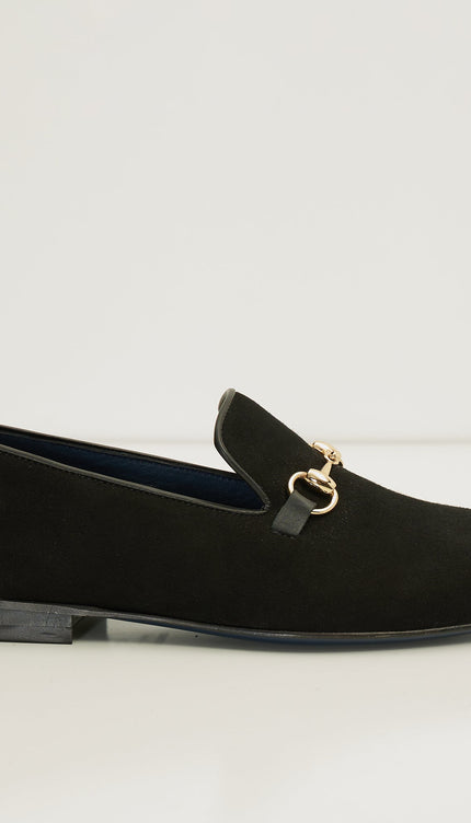 Suede Leather And Gold Metal Bit Loafer - Black - Ron Tomson