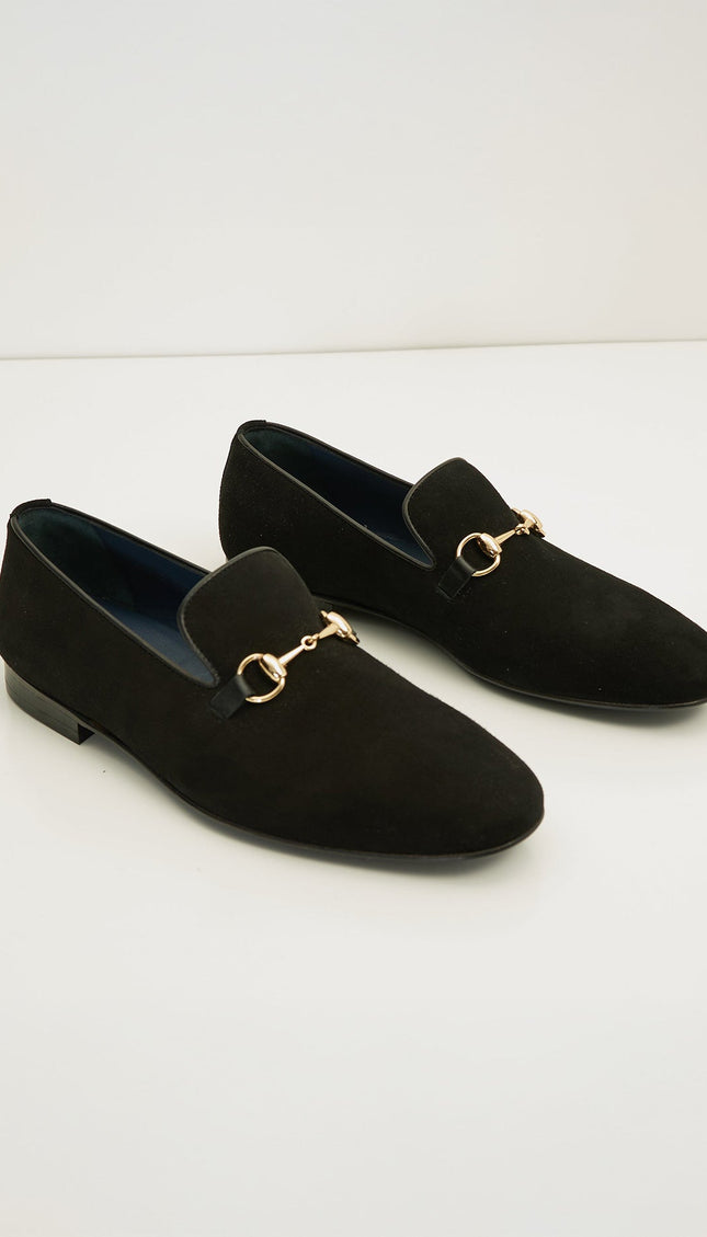 Suede Leather And Gold Metal Bit Loafer - Black - Ron Tomson
