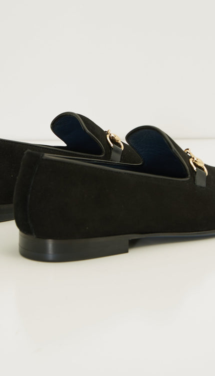 Suede Leather And Gold Metal Bit Loafer - Black - Ron Tomson