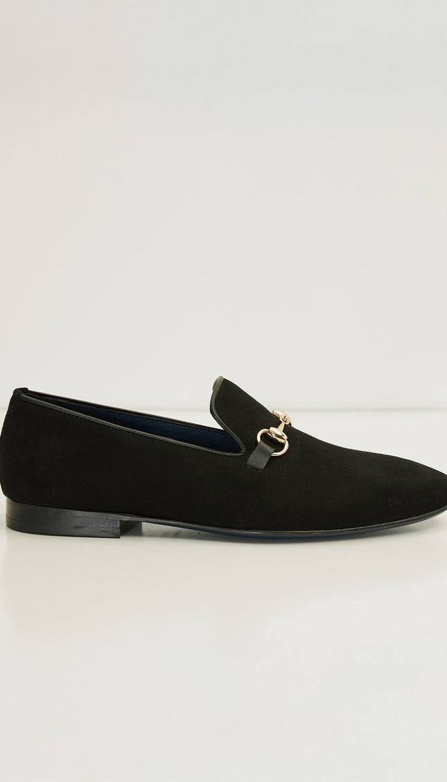 Suede Leather And Gold Metal Bit Loafer - Black - Ron Tomson