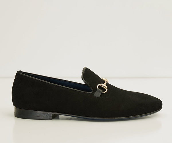 Suede Leather And Gold Metal Bit Loafer Black