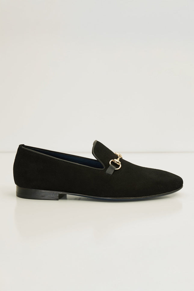 Suede Leather And Gold Metal Bit Loafer - Black - Ron Tomson