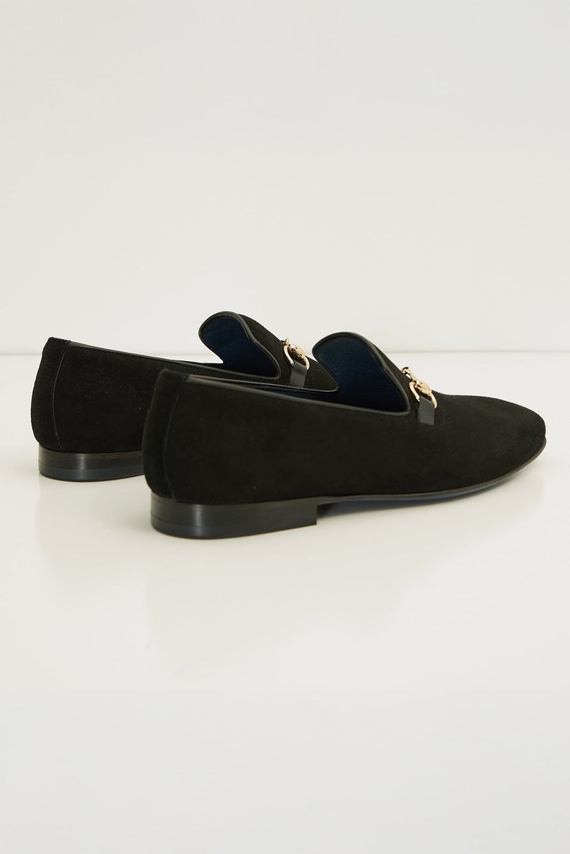 Suede Leather And Gold Metal Bit Loafer - Black - Ron Tomson