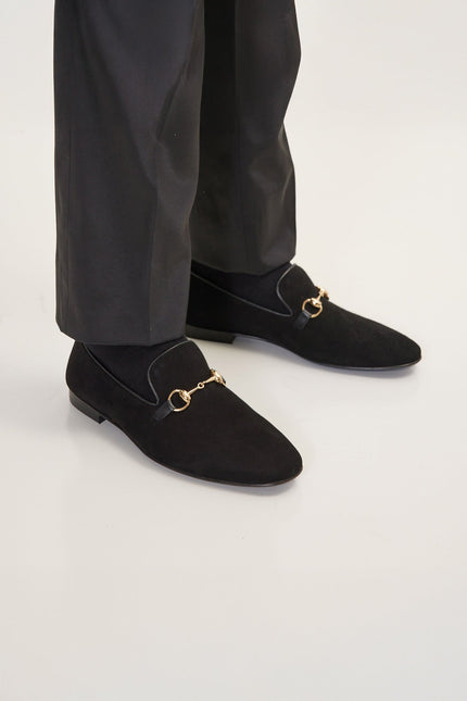 Suede Leather And Gold Metal Bit Loafer - Black - Ron Tomson