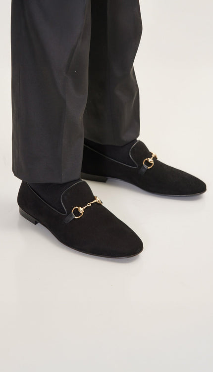 Suede Leather And Gold Metal Bit Loafer - Black - Ron Tomson