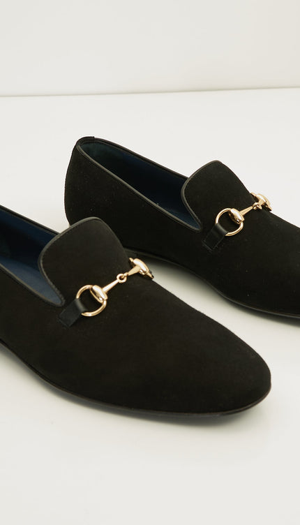 Suede Leather And Gold Metal Bit Loafer - Black - Ron Tomson