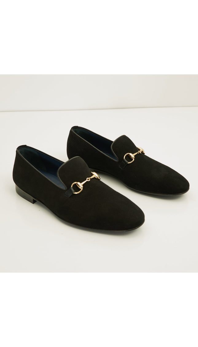 Suede Leather And Gold Metal Bit Loafer - Black - Ron Tomson