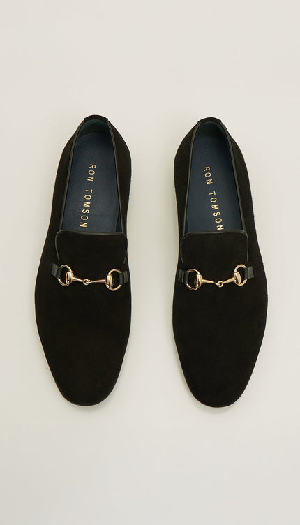 Suede Leather And Gold Metal Bit Loafer - Black - Ron Tomson