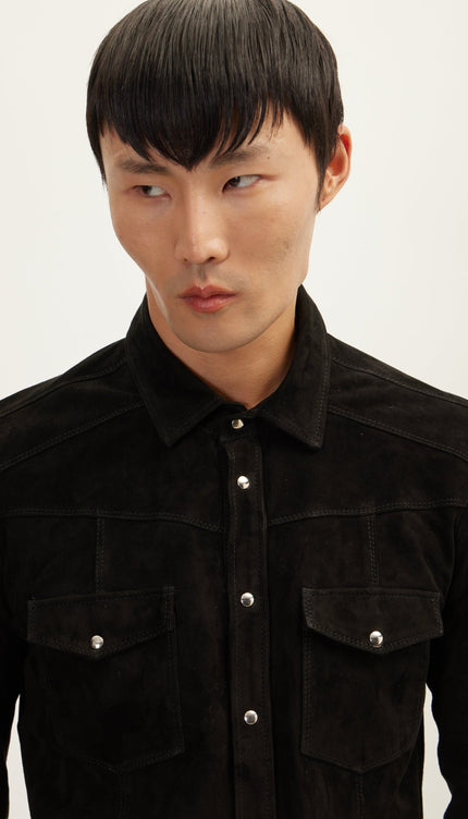 Suede Leather Shirt - Black - Ron Tomson