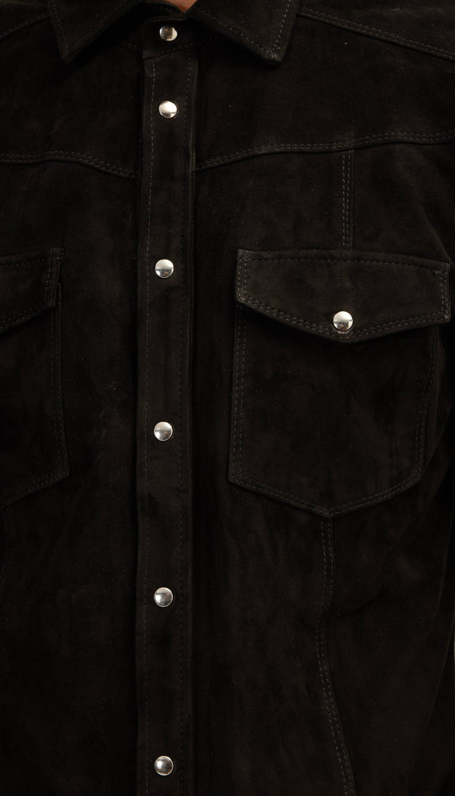 Suede Leather Shirt - Black - Ron Tomson