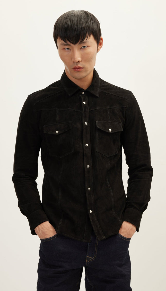 Suede Leather Shirt - Black - Ron Tomson