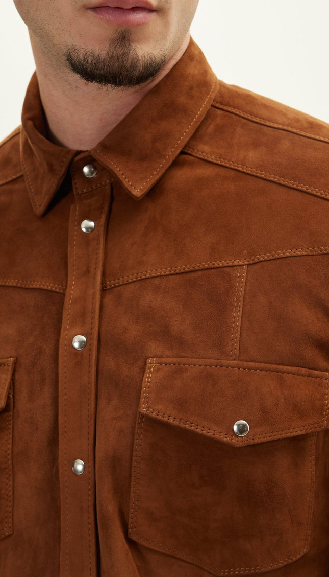 Suede Leather Shirt - Brown - Ron Tomson