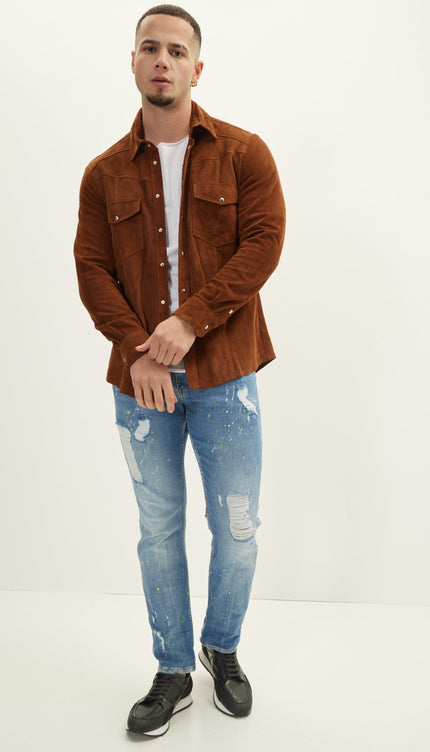 Suede Leather Shirt - Brown - Ron Tomson