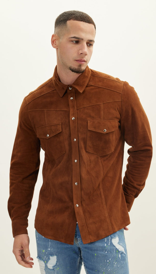 Suede Leather Shirt - Brown - Ron Tomson