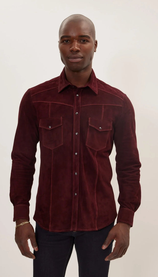 Suede Leather Shirt - Burgundy - Ron Tomson