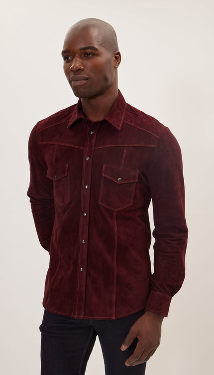 Suede Leather Shirt - Burgundy - Ron Tomson