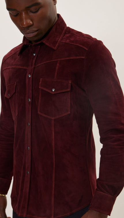 Suede Leather Shirt - Burgundy - Ron Tomson