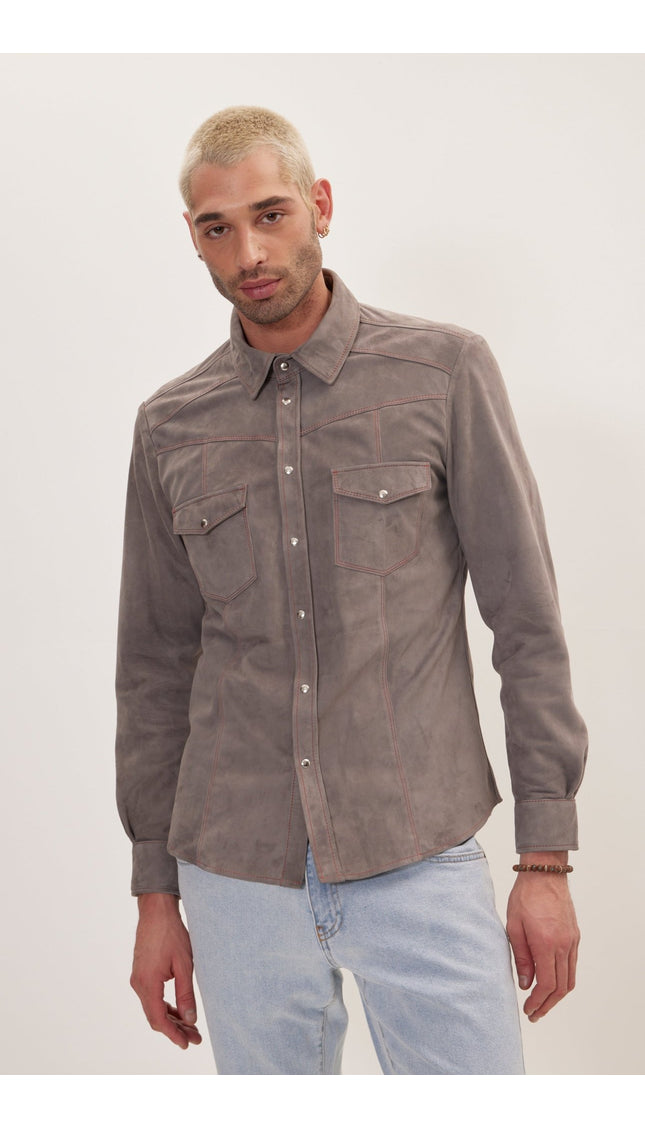 Suede Leather Shirt - Grey - Ron Tomson