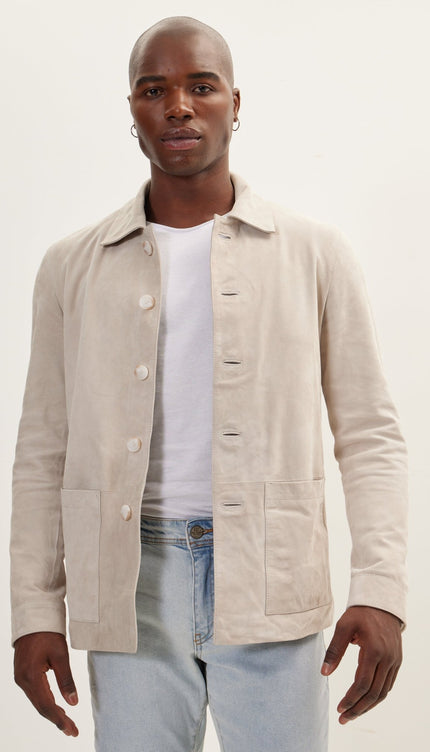 Suede Leather Shirt Jacket - Beige - Ron Tomson
