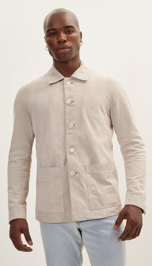 Suede Leather Shirt Jacket - Beige - Ron Tomson