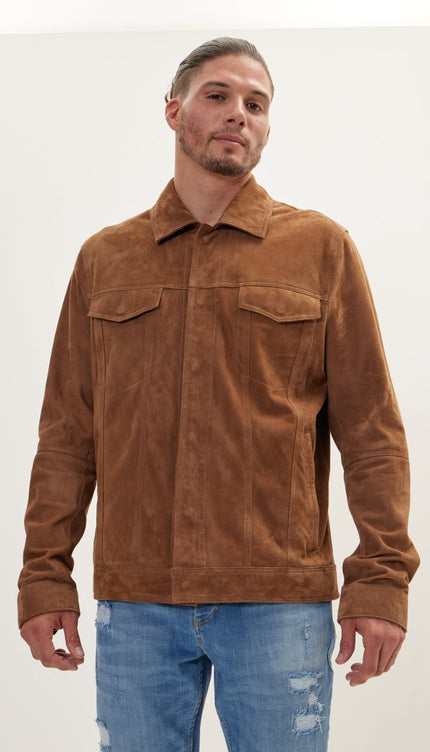 Suede Leather Shirt Jacket - Brown - Ron Tomson