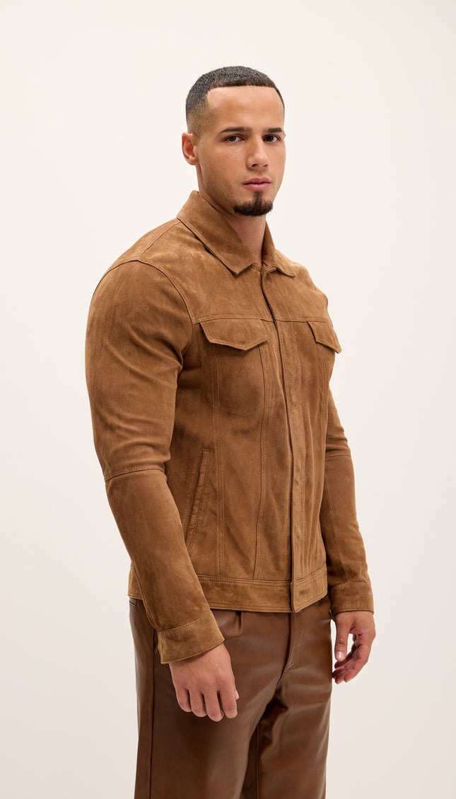 Suede Leather Shirt Jacket - Brown - Ron Tomson